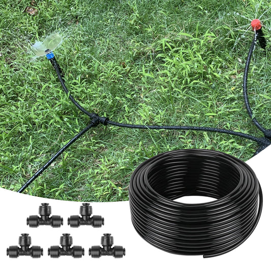 50FT 1/4 Inch Drip Irrigation Tubing with 5 Pack Push-to-Connect 1/4" Tee Connectors, Distribution Drip Line Hose & Universal Tee Fitting, for Drip Irrigation Parts or Drip System and Misting System