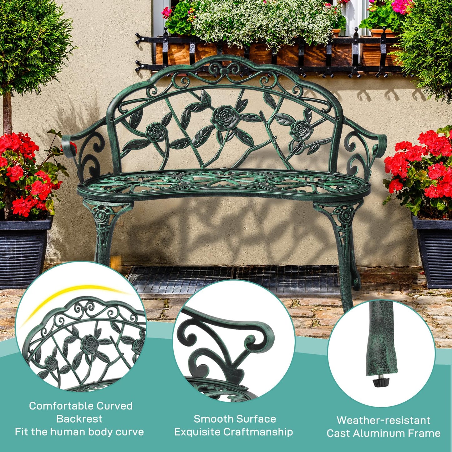 VINGLI 38.5" Patio Park Garden Outdoor Metal Rose Bench, 2-Person Cast Iron Cast Aluminium Frame Antique Finish Chair,Accented Lawn Front Porch Path Yard Decor Deck Furniture (Green, Rose)