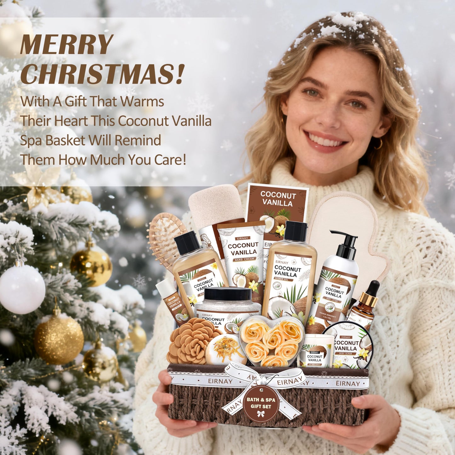 EIRNAY Christmas Gifts For Women - 16 PCS Birthday Gift Basket for Women Set of Coconut Vanilla Self Pampering Set, Includes Luxurious Home Spa Shower Gel Bubble Bath