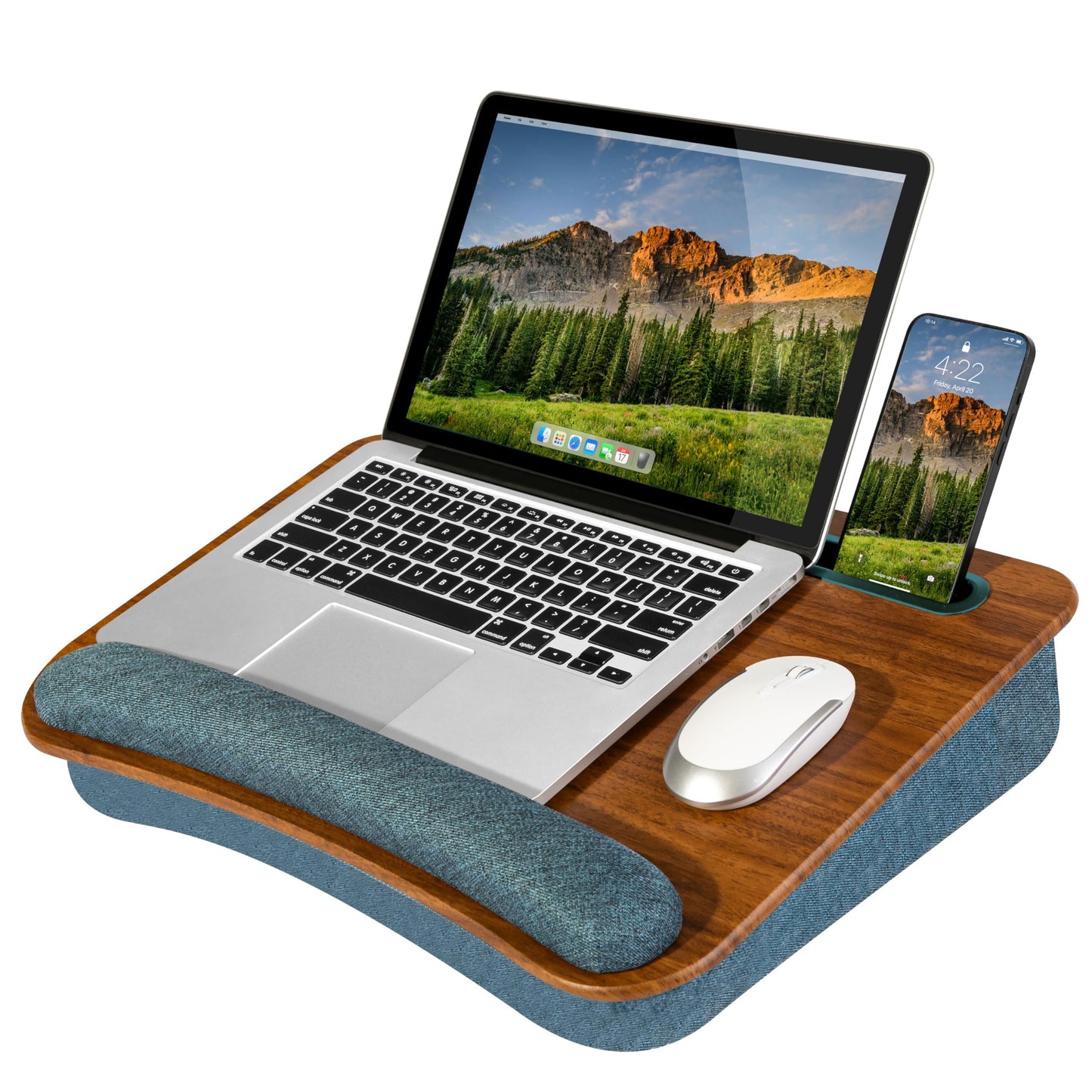 LAPGEAR Portable Laptop Lap Desk with Pillow Cushion, Anti-Slip Strip, Tablet or Phone Storage Slot, Pen and Pencil Pocket, and Wrist Rest - Espresso Woodgrain - Fits 15.6" Laptops - Style No. 91342