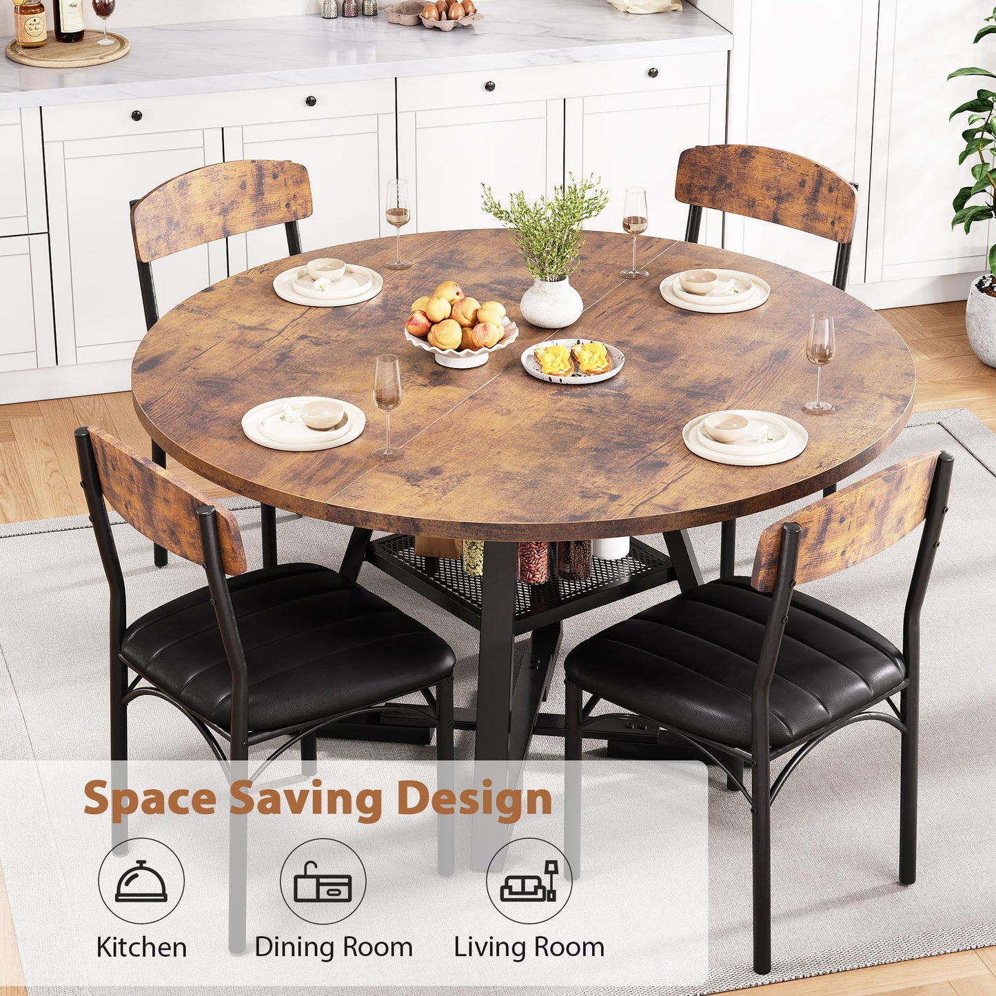 Dining Table Set for 4,Kitchen Table and Chairs for 4, Round Dining Room Table with Upholstered Chairs, 5 Piece Space Saving Circle Wood Kitchen & Dining Room Dinner Dinette Table Set (Vintage, 47In)