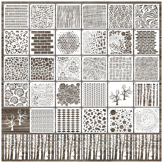 30pcs Texture Stencils for Crafts Reusable Mixed Media Geometric Brick Cubist Leopard Wood Grain Stencil Layering Stencils for Painting on Wood Wall DIY Background Furniture Card Canvas(texture30)