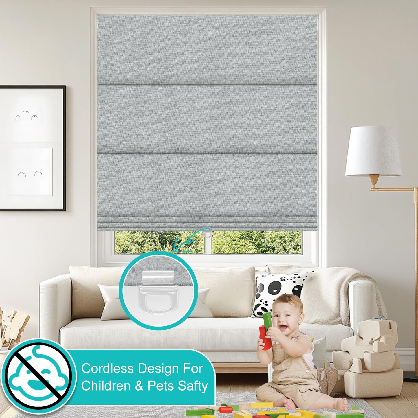 BERISSA No Drill Cordless Roman Shades for Window, Blackout Roman Blinds Room Darkening Pull Down Blinds Easy Install Linen Roman Window Shades for Door,Windows,Bedroom,Custom Size, Light Gray