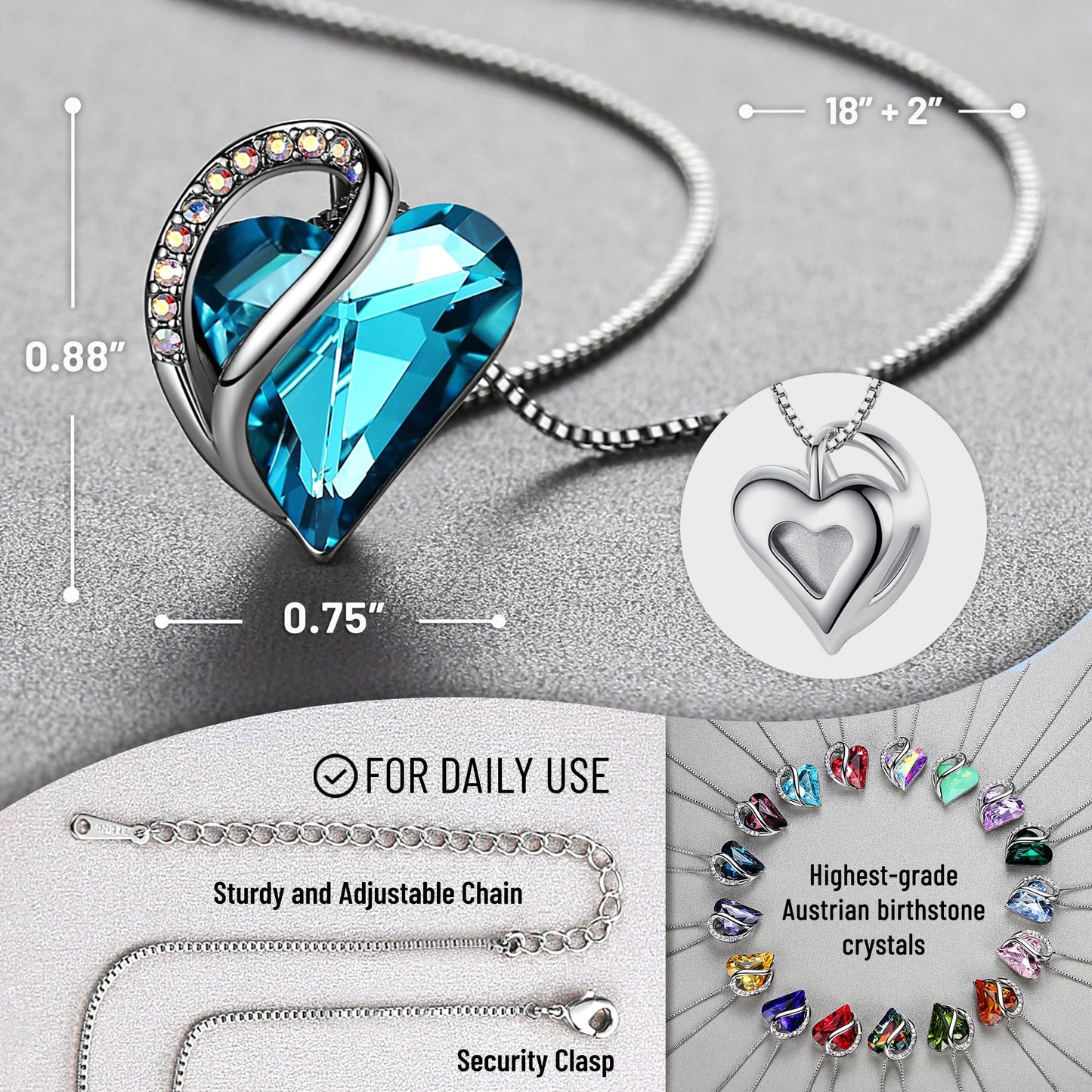 Leafael Gift Necklaces for Women, Infinity Love Birthstone Heart Pendant with Zircon Blue Crystal for December, Birthday Jewelry for Her, Mom, and Wife, Silver Plated, 18" + 2" Chain