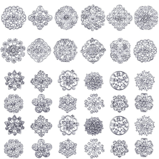 36 Pieces Clear Rhinestone Brooches for Crafts Crystal Flower Brooch Pins with Rhinestones Silver Bulk Brooches Jewelry for Woman Flower Lapel Badge Pins DIY Wedding Bouquet Broaches Kit (Silver)