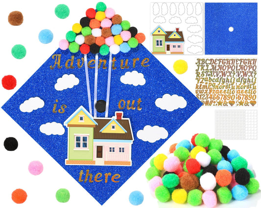 55Pcs Graduation Cap Decorations Kit 2026 Cap Decorations for Graduation Kit Adventure Theme Grad Hat Topper Colorful Pompoms Glitter Alphabet Stickers for Grad Hat Craft Art Accessories Supplies