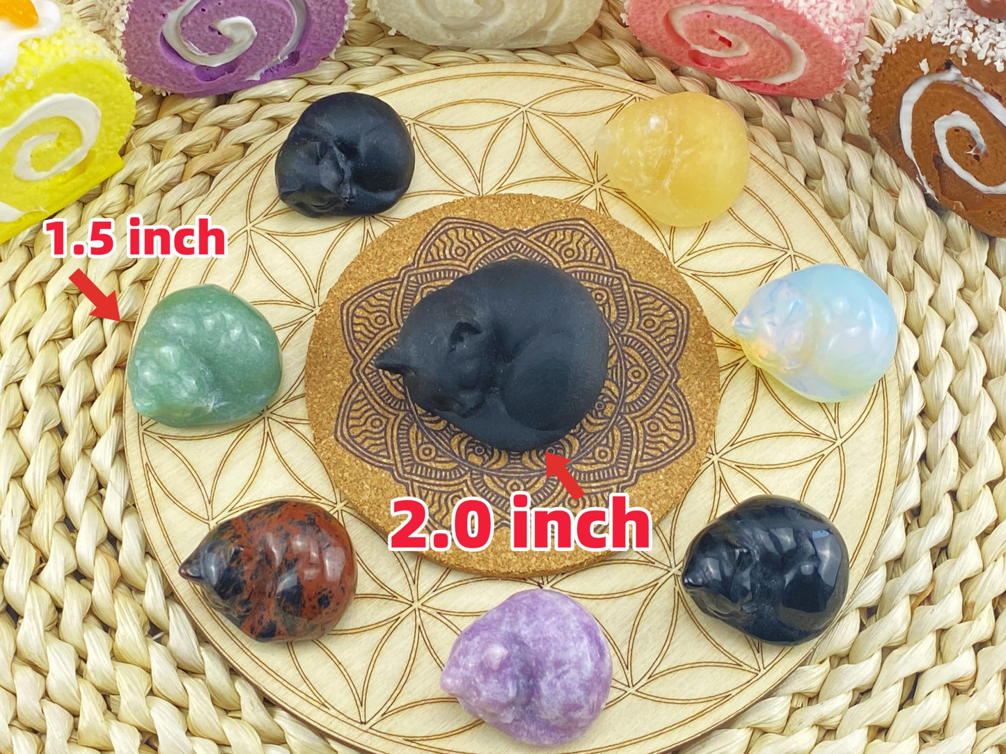 YATOJUZI 2" Cat Decors Statue Pink Home Office Desk Decor Rose Quartz Crystals Sleeping Cats Gemstone Hand-Carved Cute Crystal Animal Statues Figurine Kitten Ornaments Gifts for Women