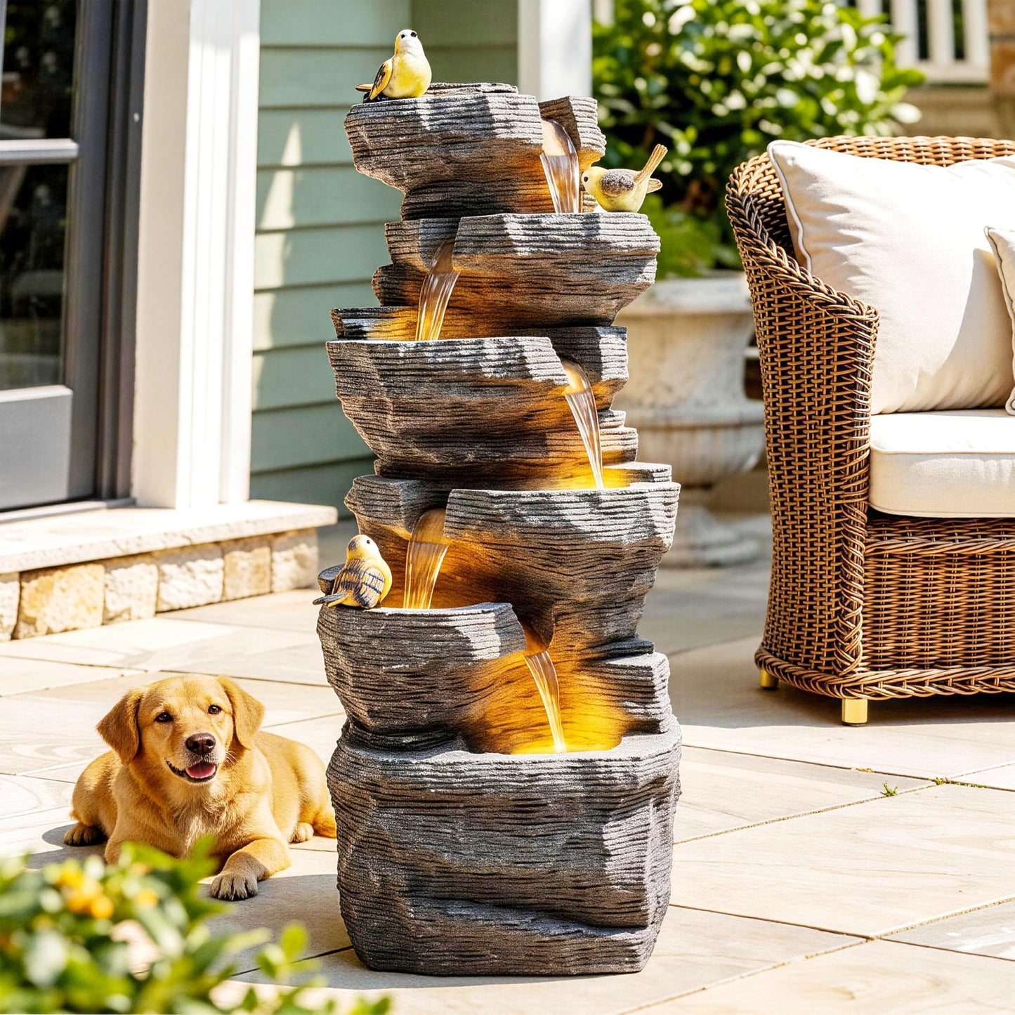 Ultym 40" H Extra-Large Rock Outdoor Water Fountain with LED Lights, 6-Tier Cascading Stone Waterfall with Birds for Garden Patio Porch, Weather-Resistant Polyresin Water Feature for Tranquil Oasis