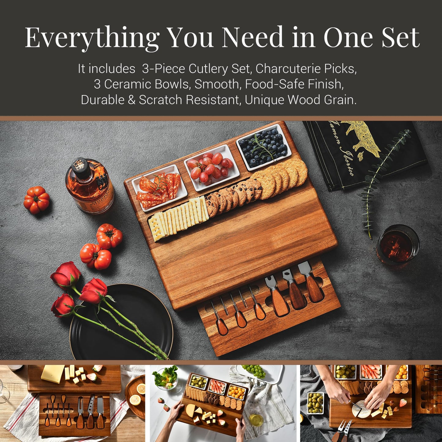 Shanik Large Acacia Wood Charcuterie Board Set with 3 Removable Ceramic Bowls & Serving Utensils - Housewarming, Wedding, Bridal Shower, Home and Kitchen, New Home Gift Ideas for Women, Gifts