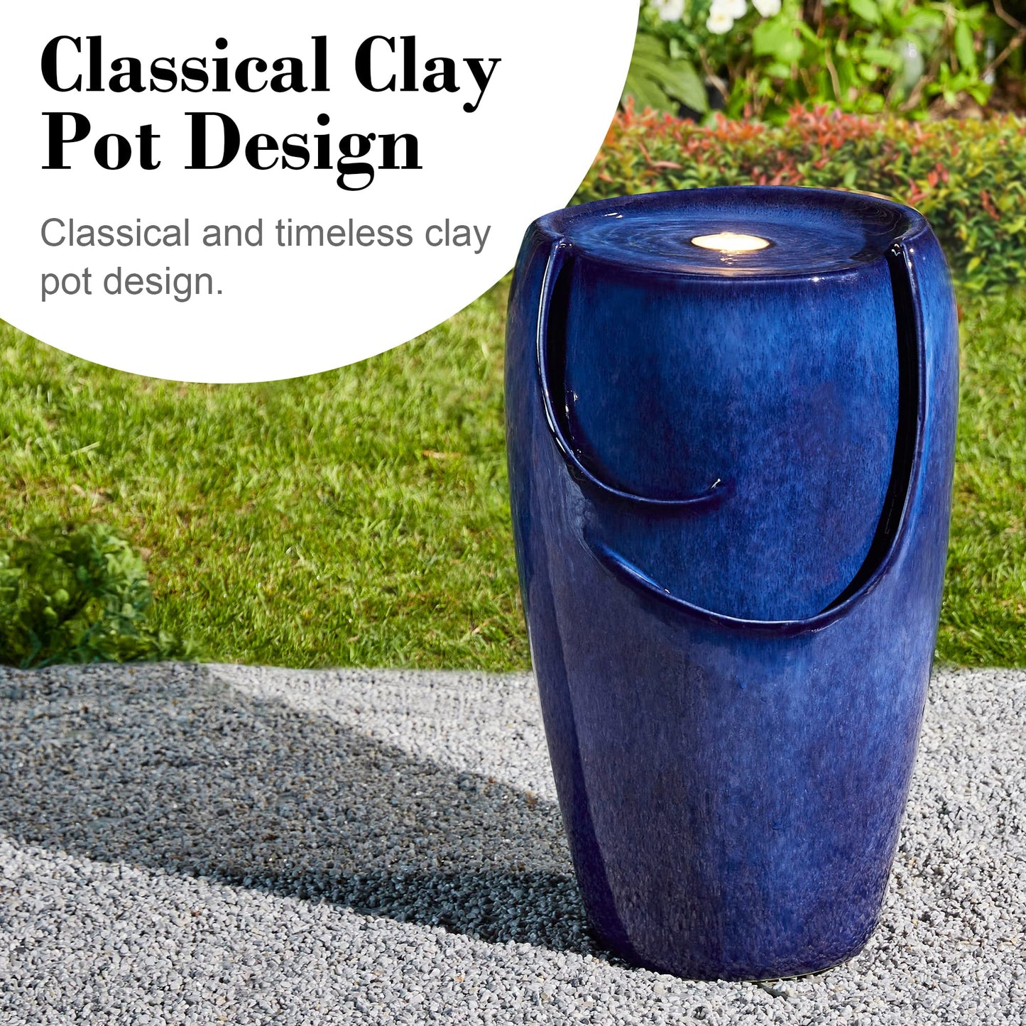 Glitzhome Ceramic Vase Outdoor Water Fountain Tall Patio Garden Water Fountain with LED Light and Submersible Pump Yard Art Decor, 20.5”H, Blue