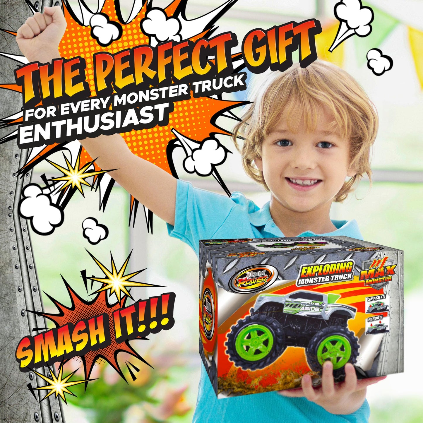 Exploding Monster Truck Toy with Explosive Crash Sounds and Lights, Smash It Up Again and Again, 8.7” Monster Truck Toys for Boys Kids Ages 3, 4-7 & Above | Toddler Toys for 3 Year Old Boys Gift