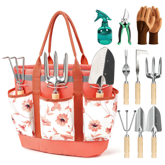 Floraxa 10 Pcs Heavy Duty Garden Hand Tools with Durable Garden Tools Handbag, Rust-Proof Garden Tool Set, Ideal Gardening Gifts for Women (Pink)