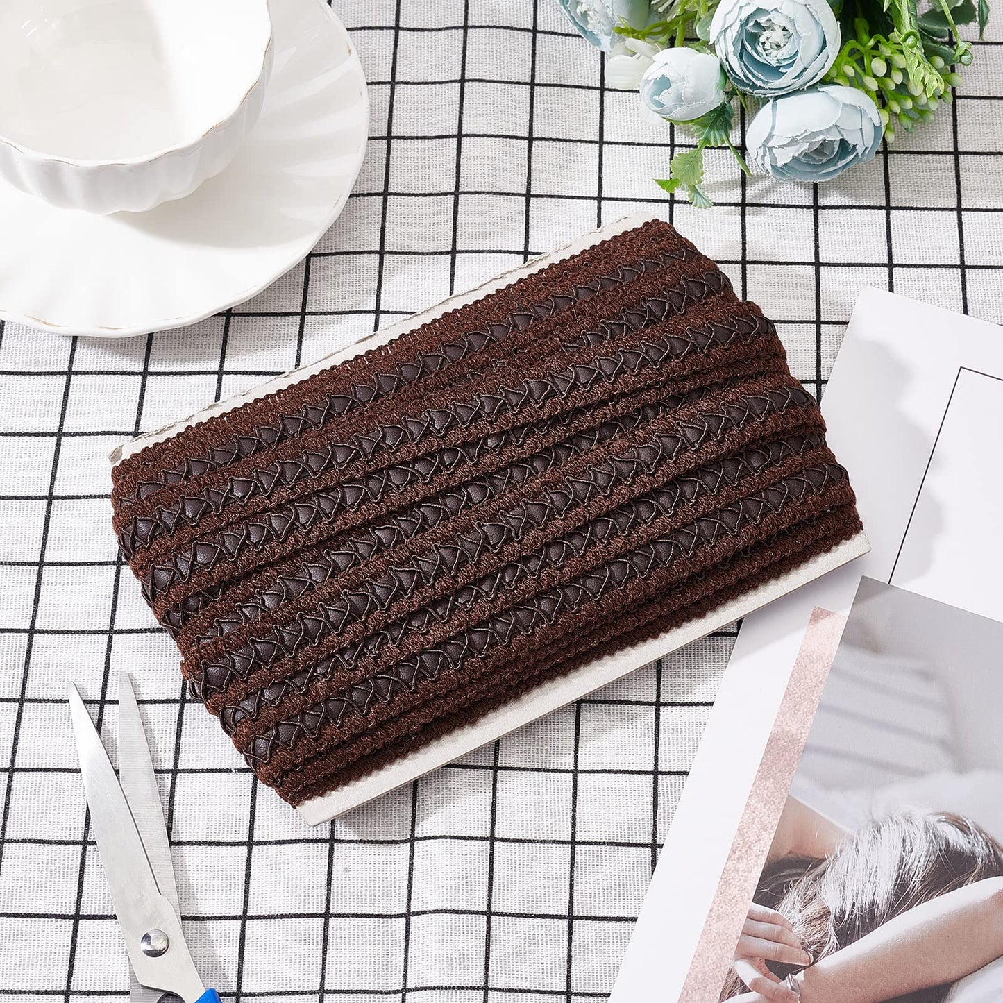 BENECREAT 15 Yard Faux Leather Braid Trims with Curve Lace, Coconut Brown Centipede Lace Ribbon for Home Decor DIY Sewing Craft, 3/4 Inch(18mm) Wide