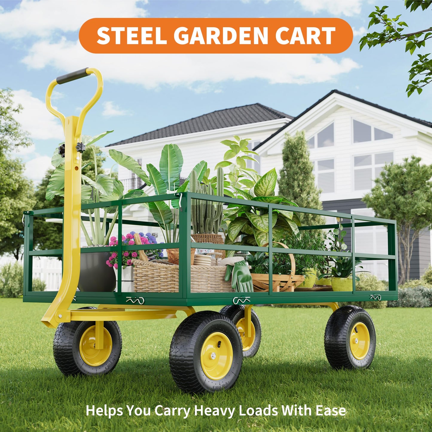 Garden Cart & Utility Wagon1200 lb Heavy-Duty Wheelbarrow, 47"x31" Steel Yard Cart with Wheels, 180° Adjustable Yellow T-Handle, Green (for Lawn, Patio & Farm)