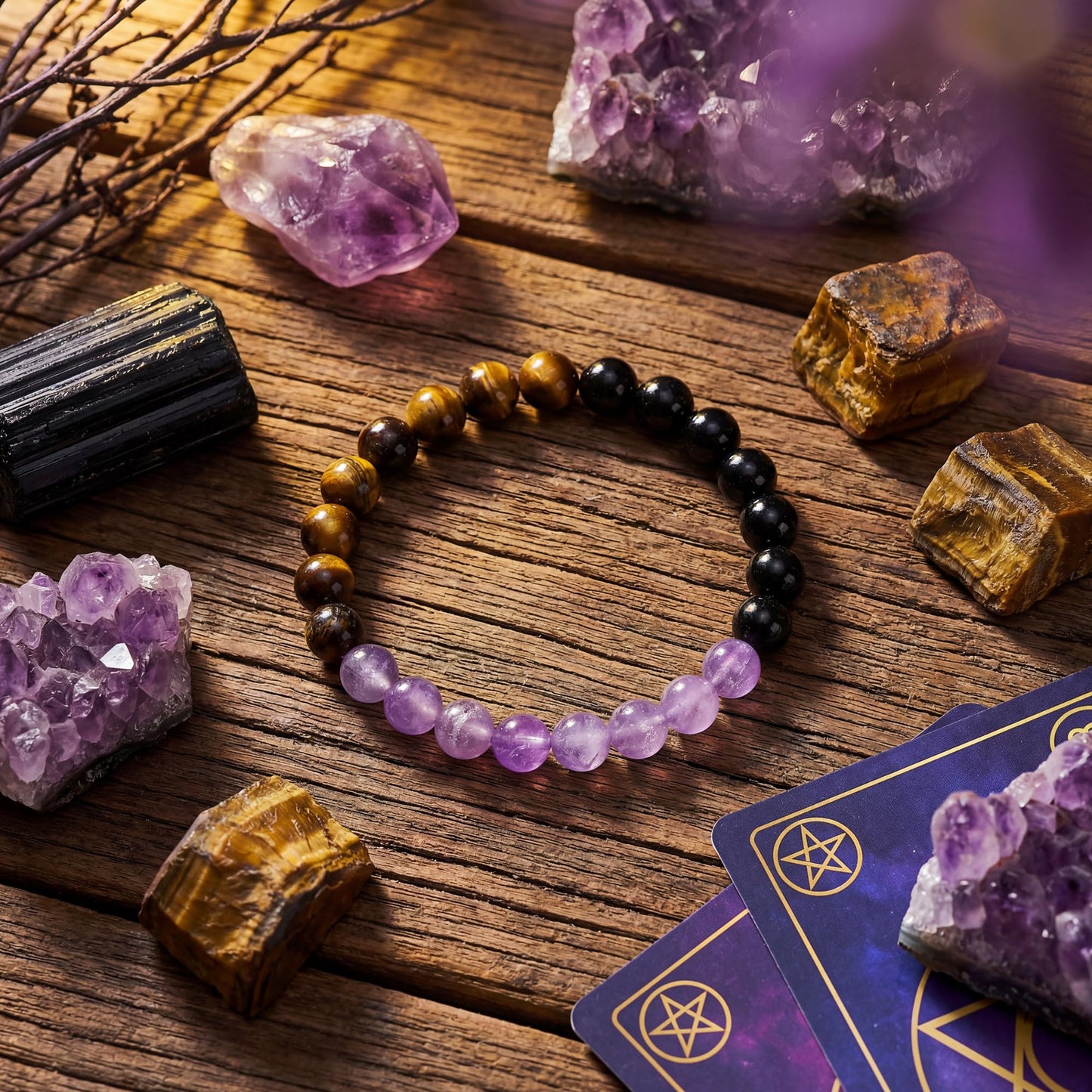 Bivei No Negativity Bracelet, Strength Crystal Healing Bracelet 8MM with Black Tourmaline & Amethyst & Tiger Eye - Spiritual Stretch Beaded Jewelry for Women Men Gift