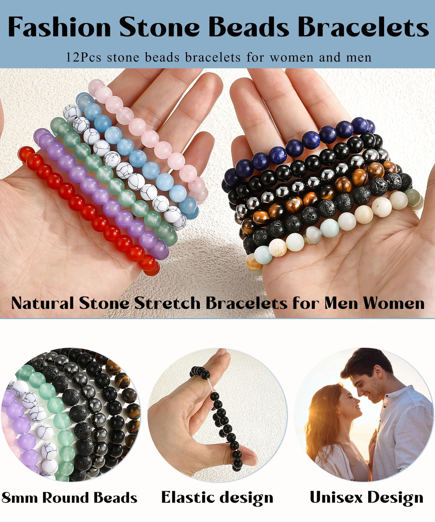 EIELO 12Pcs Crystal Stone Bracelets for Women Men Semi-Precious Gemstone 8MM Beaded Bracelets Natural Crystal Energy Stone Stretch Bracelet Set Jewelry Gift