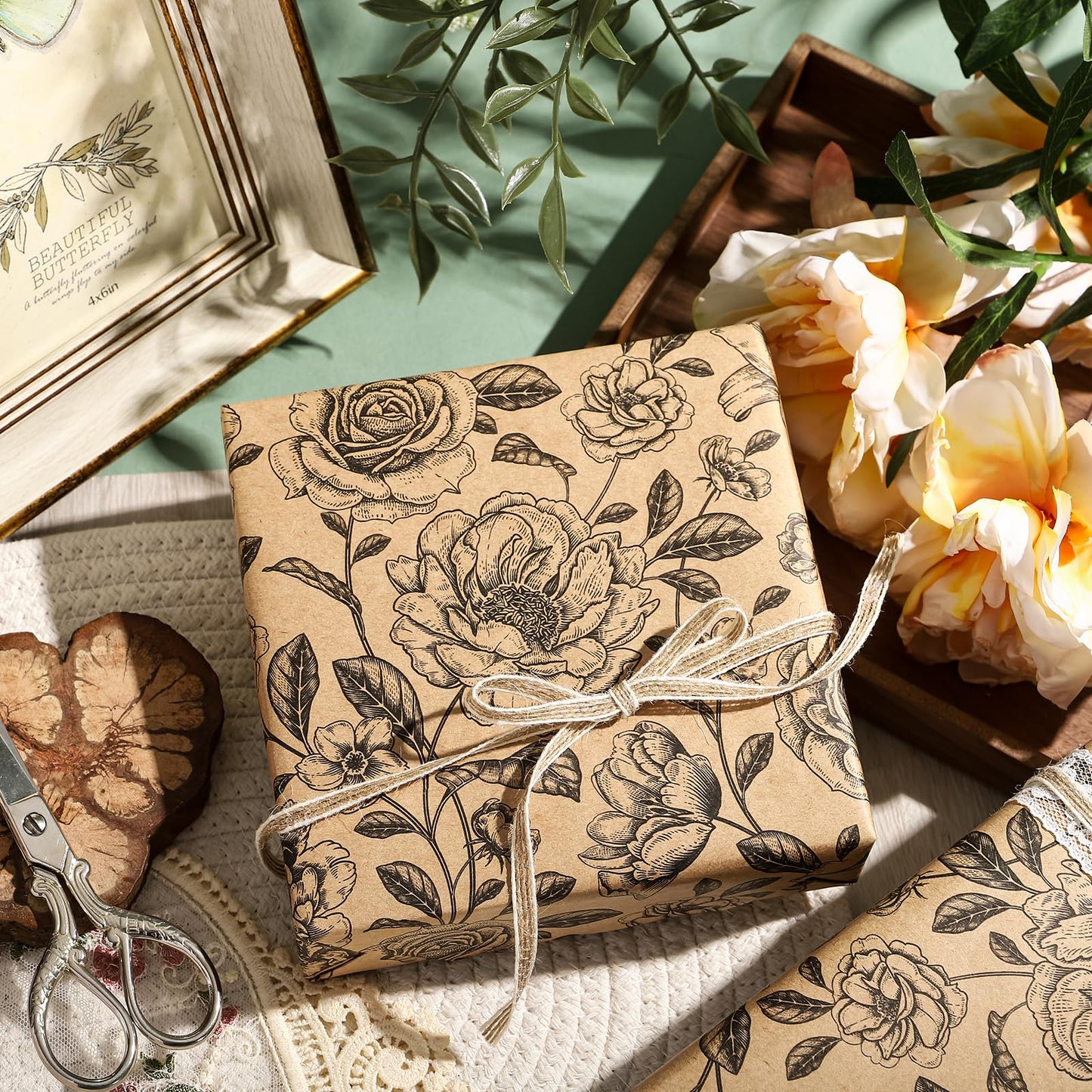 WRAPAHOLIC 30 Inch Kraft Floral Wrapping Paper Roll - 30 Inch x 33 Feet - Vintage Black Flower Wrapping Paper for Birthday, Bridal Shower, Wedding, Baby Shower
