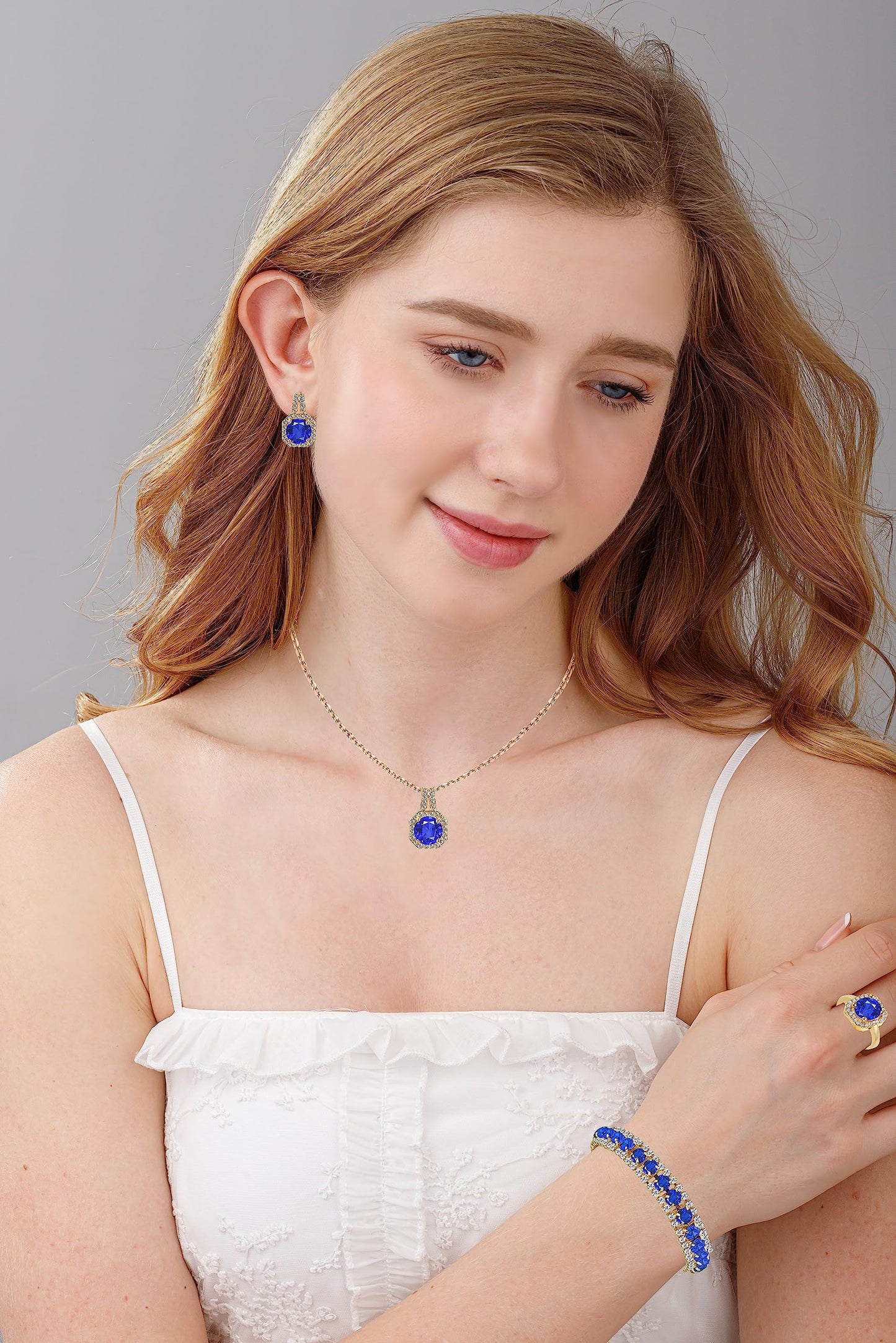 Paxuan Platinum/Gold Plated Cubic Zirconia Diamond Wedding Jewelry Sets Bridal CZ Pendant Necklace Stud Earrings Link Bracelets Rings Set for Women