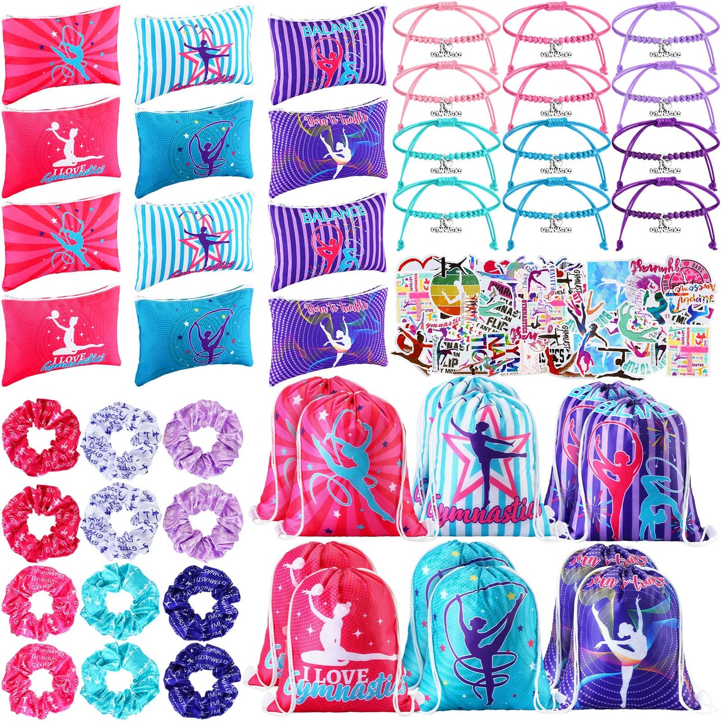 Abbylike 49 Pcs Gymnastics Party Favor Set 12 Makeup Bag 12 Bracelet 12 Drawstring Backpack 12 Hair Ties 1 Set Gymnastic Stickers for Women Girl Gym Sport Yoga