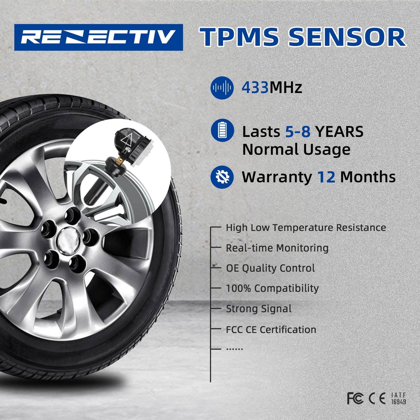 RENECTIV TPMS Sensor,4pcs 433MHz Tire Pressure Monitor Sensors Compatible with Chevy Cadillac Buick GMC Replace OE# 13598773,13516165