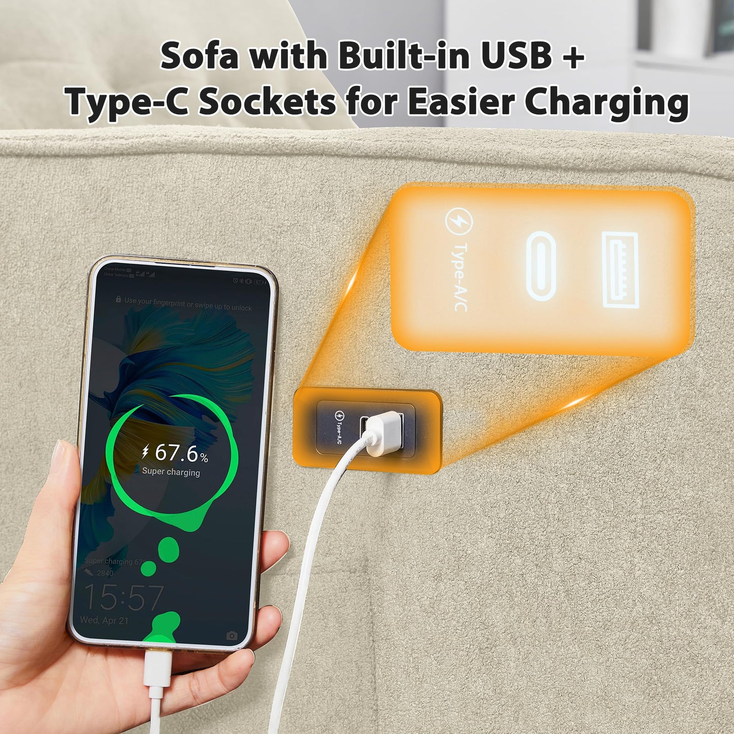 tiramisubest Convertible Sofa Bed, 3 in 1 Pull Out Couch, Loveseat Sleeper with Side Pocket, Living Room Sofa with Adjustable Backrest | USB Charging Port | Two Pillows | Fabric | Beige Couch