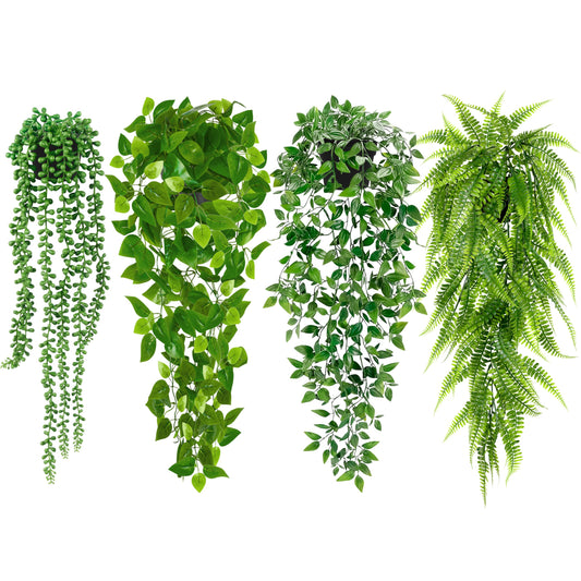 Palonu Artificial Hanging Plants for Shelf, 4 Pack Fake Potted Greenery Plant Faux Mandala Vine, String of Pearls, Ivy Vine,Persian Grass Fern in Pot for Desk Home Bathroom Farmhouse Room Table Decor