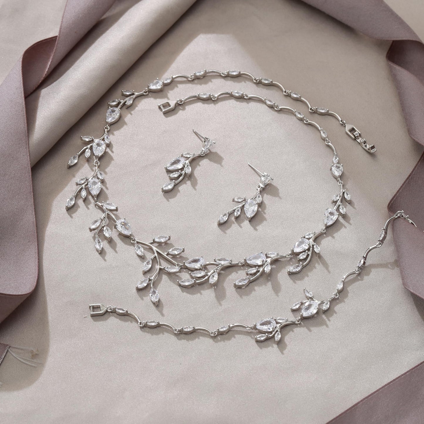 EVER FAITH Wedding Jewelry for Bride Women Bridesmaid, Sparkly Cubic Zirconia Pear-Shaped Birthstone Leaf Necklace Bracelet Earrings Set for Prom Clear Silver-Plated-Brass