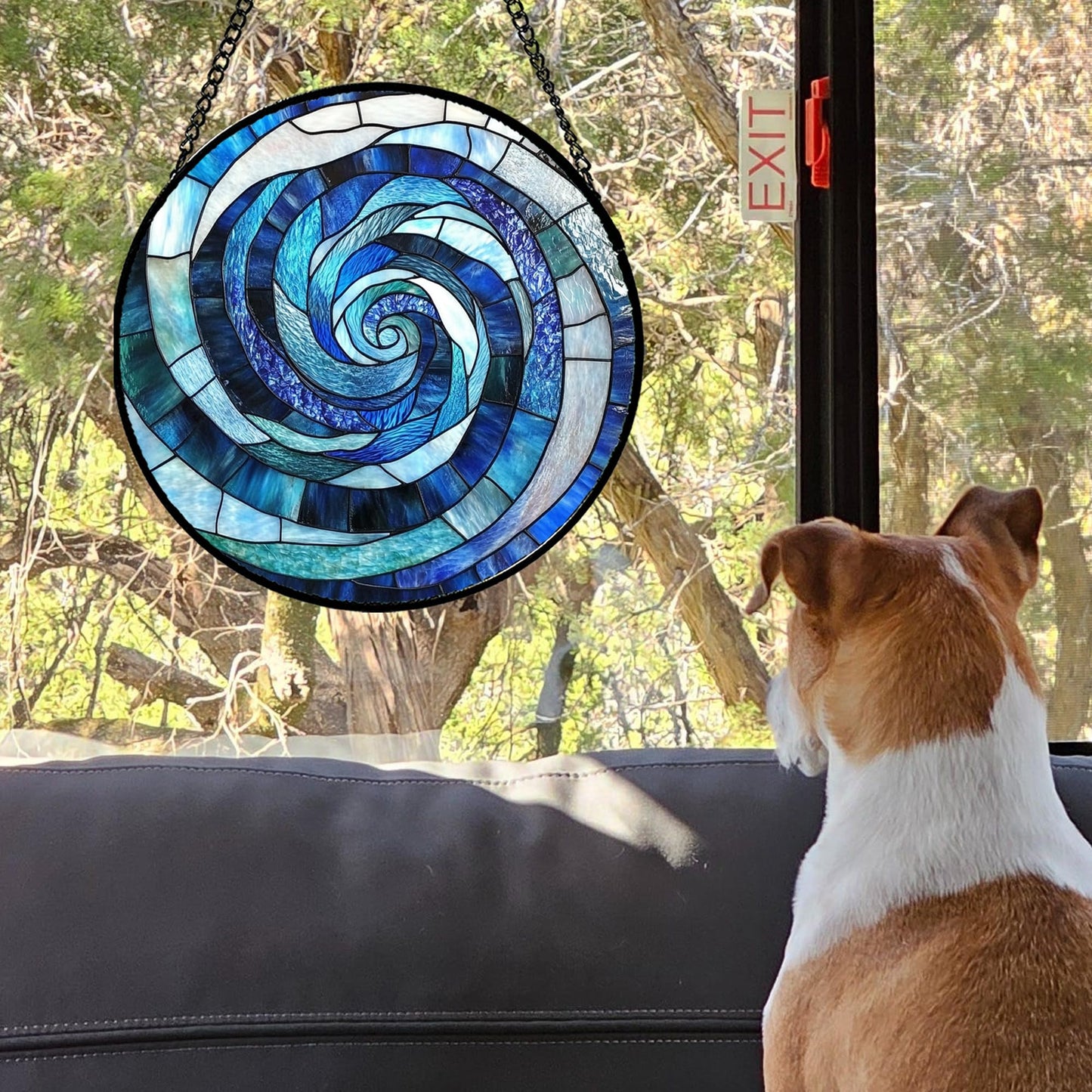 CRISGIF Stained Glass Window Hanging - Blue Abstract Swirl Suncatcher for Doors Garden Patio Unique Sun Catchers Decor Christmas Mother's Day Birthday Gifts for Women Men Mom Nana Friend 11.8 in