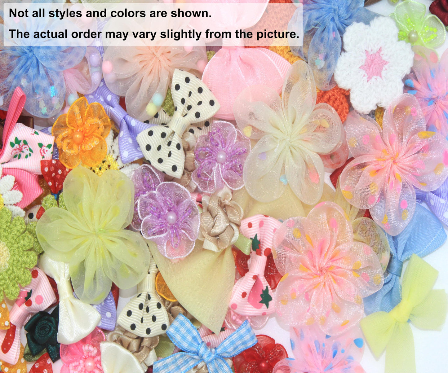 100 Pcs Satin & Organza Ribbon Bows Flower, Lace Patches Bead Appliques for Crafts, Sewing, Hair Bows, Headbands, Wedding Christmas Party Gift Decoration (Mixed)