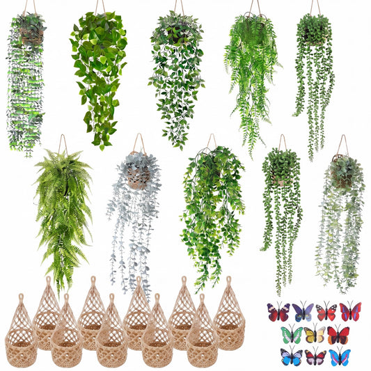 Giegxin 10 Set Fake Hanging Plant with Macrame Basket Summer Mini Artificial Macrame Plant Hanger with Woven Basket and Butterfly Ivy Faux Vines Eucalyptus Leaf for Indoor Home Wall Shelf Decor