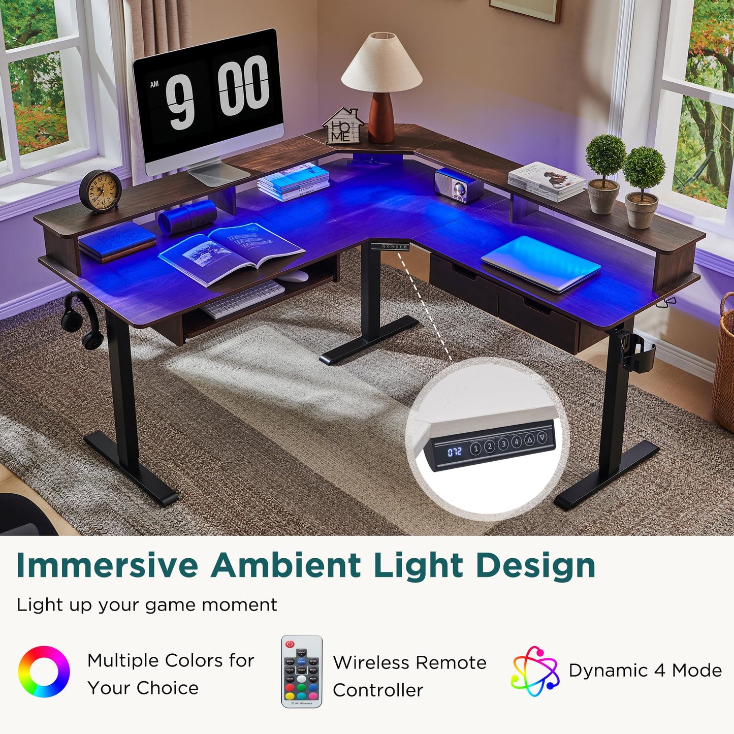 RedLemon 60 Inches L Shaped Electric Standing Desk, Height Adjustable Corner Gaming Desk with Drawers, Keyboard Tray, Power Outlets & LED Lights, Computer Desk with Monitor Shelf, Dark Walnut