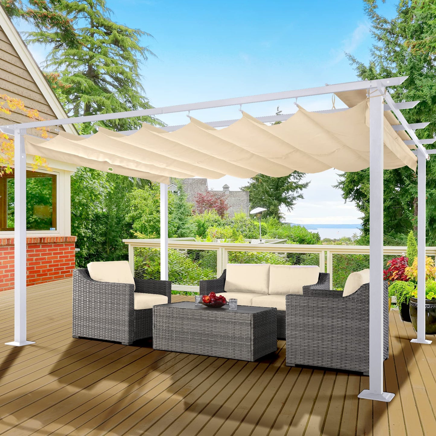 HAPPATIO 10' X 13' Outdoor Retractable Pergola Canopy with White Frame for Backyards, Gardens, Patio Pergola with Sun Shade Canopy (Beige)