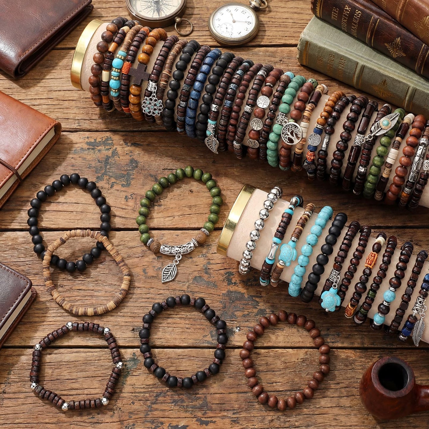 Tondiamo 48 Pcs Punk Wooden Beads Bracelets Gothic Bracelet for Men Adjustable Bulk Vintage Beaded Bracelet Metal Set Wood Bangles Wristbands Commemorative Gift