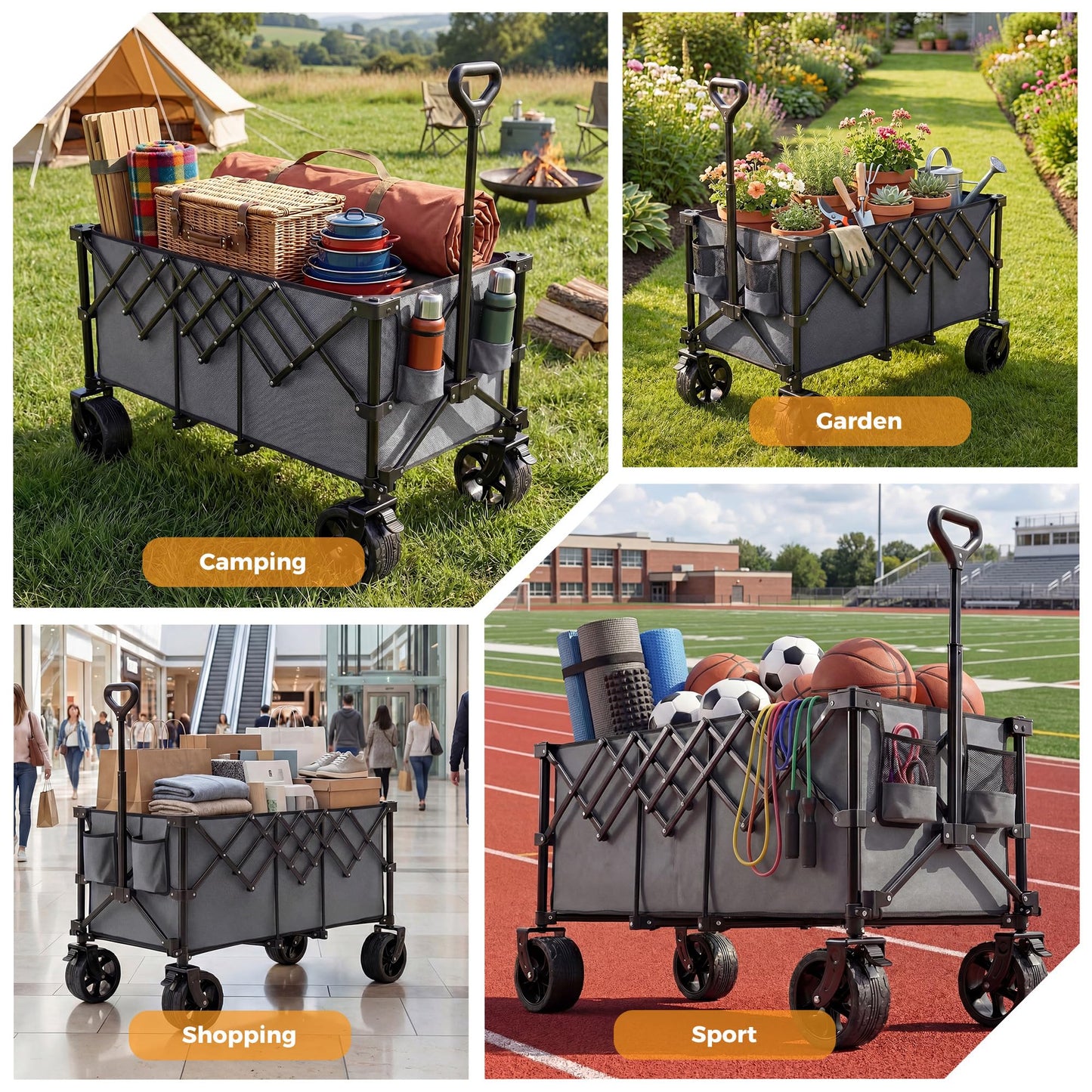 DUMOS 49''L Collapsible Extended Wagon with 440LBS Capacity, Heavy Duty Wagons Garden Cart with All-Terrain Big Wheels & Drink Holders, 250L Foldable Carts for Sports, Shopping, Camping, Grey
