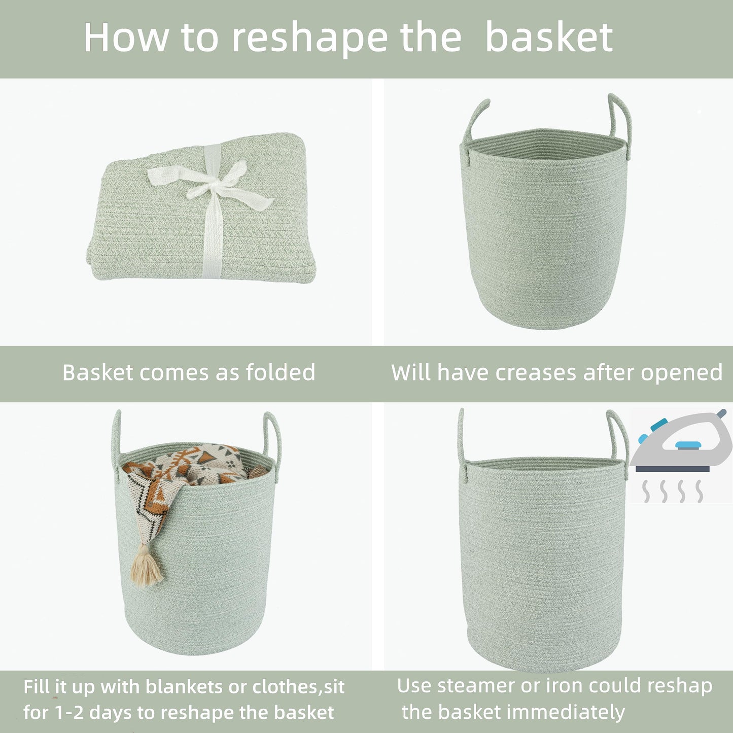 XUANGUO Cotton Rope Laundry Basket Hamper for Clothes Woven Storage Basket for Living Room Bedroom Boho Tall Rope Baskets for Blanket Toys Pillow Towels Baby Nursery Hamper Bin green