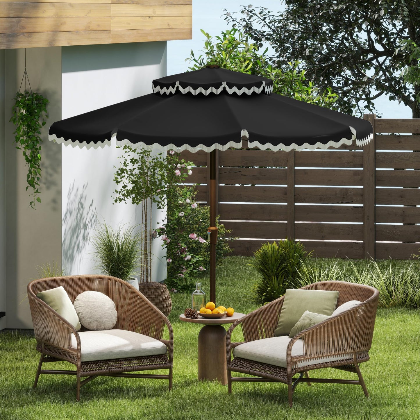 Kingdura 9ft Patio Umbrella with Fringe, Outdoor Table Umbrella with 8 Sturdy Fiberglass Ribs, Push-Button Tilt, Fade Resistant Canopy, UPF 50+, Luxurious Vintage Pool Umbrellas for Lawn, Deck, Balcony