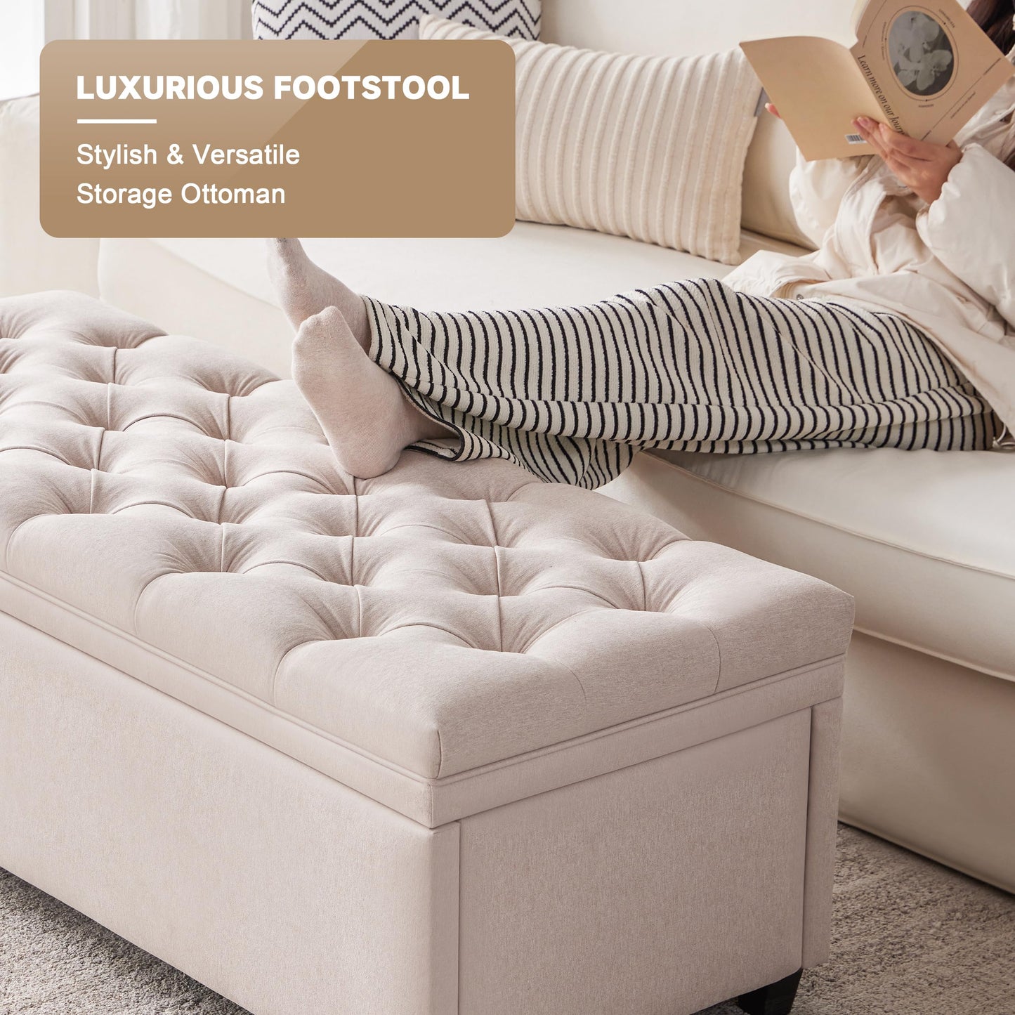 Mangodan 50" Storage Ottoman Bench, Tufted Ottoman with Storage for Living Room, Large End of Bed Ottomans, Modern Entryway Benchs, Window & Bedroom Benches for Foot of Bed (Beige)