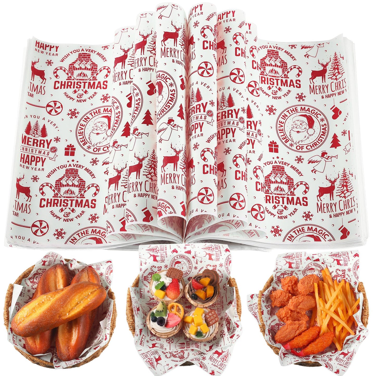 Tenceur 150 Pcs Christmas Wax Paper Sheets Parchment Deli Wraps Tissue Paper Baking Cookies Sandwich Decorative Wax Sheets Food Basket Liner Greaseproof Supplies(Red Reindeer)