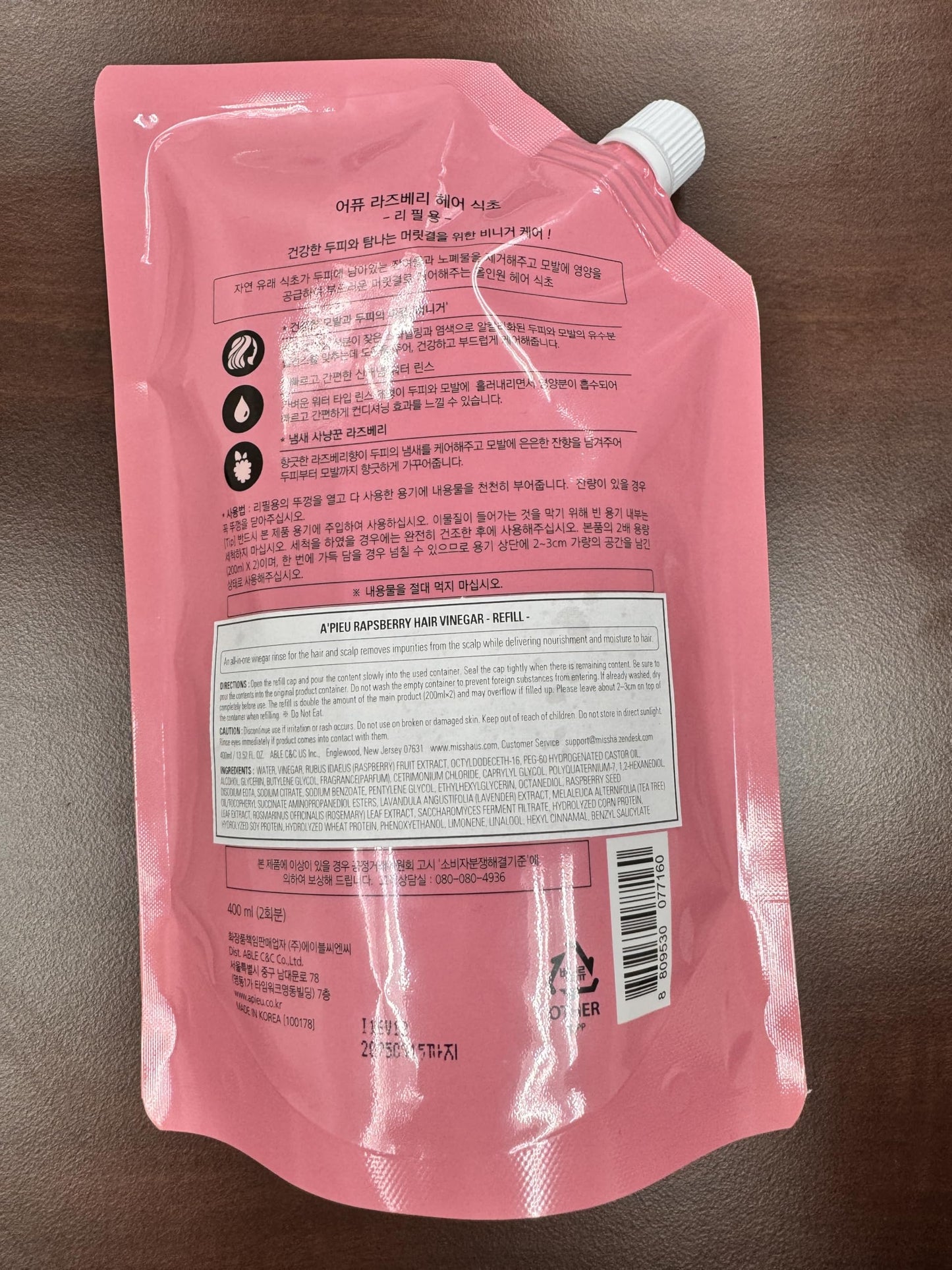 A'PIEU Raspberry Hair Vinegar Rinse Refill 13.6 fl oz - Scalp Treatment for Balanced pH, Shiny Hair | Korean Hair Care I Clarifies & Encourages Growth | Dandruff & Oil Control