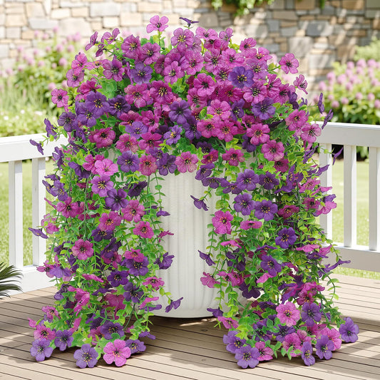 Artificial Hanging Fake Flowers Plants Spring Summer Decoration for Outdoor, 4PCS Faux Silk Daisy UV Resistant for Outside Realistic plastic Flowers Home Porch Patio Balcony Yard Decor(Double Purple)