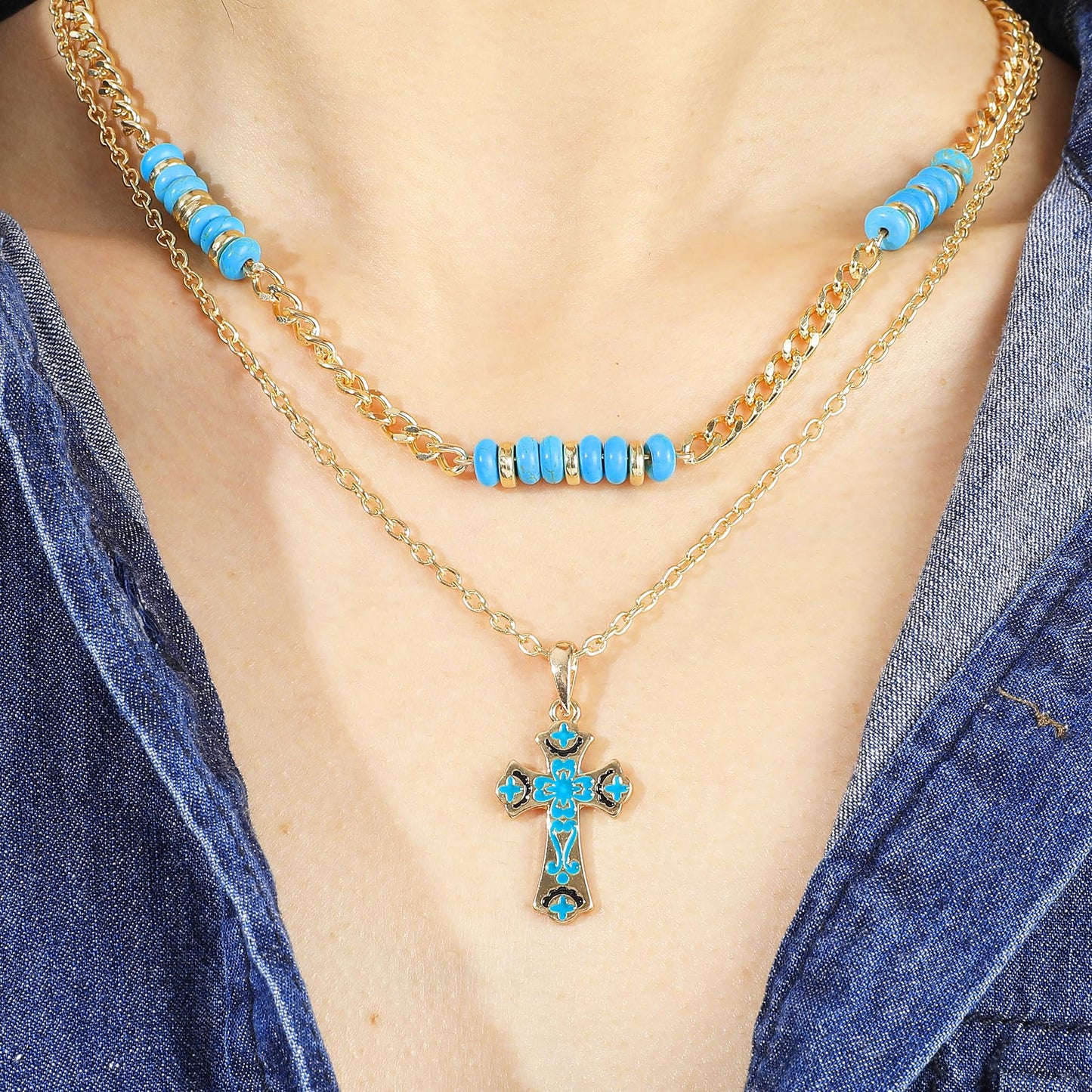 Bohemian Layered Turquoise Beaded Cross Necklace for Women, Turquoise Stone Beads Green Enamel Cross Pendant Necklace with Vintage Pattern Adjustable Gold Chain Boho Summer Beach Religion Jewelry Gift
