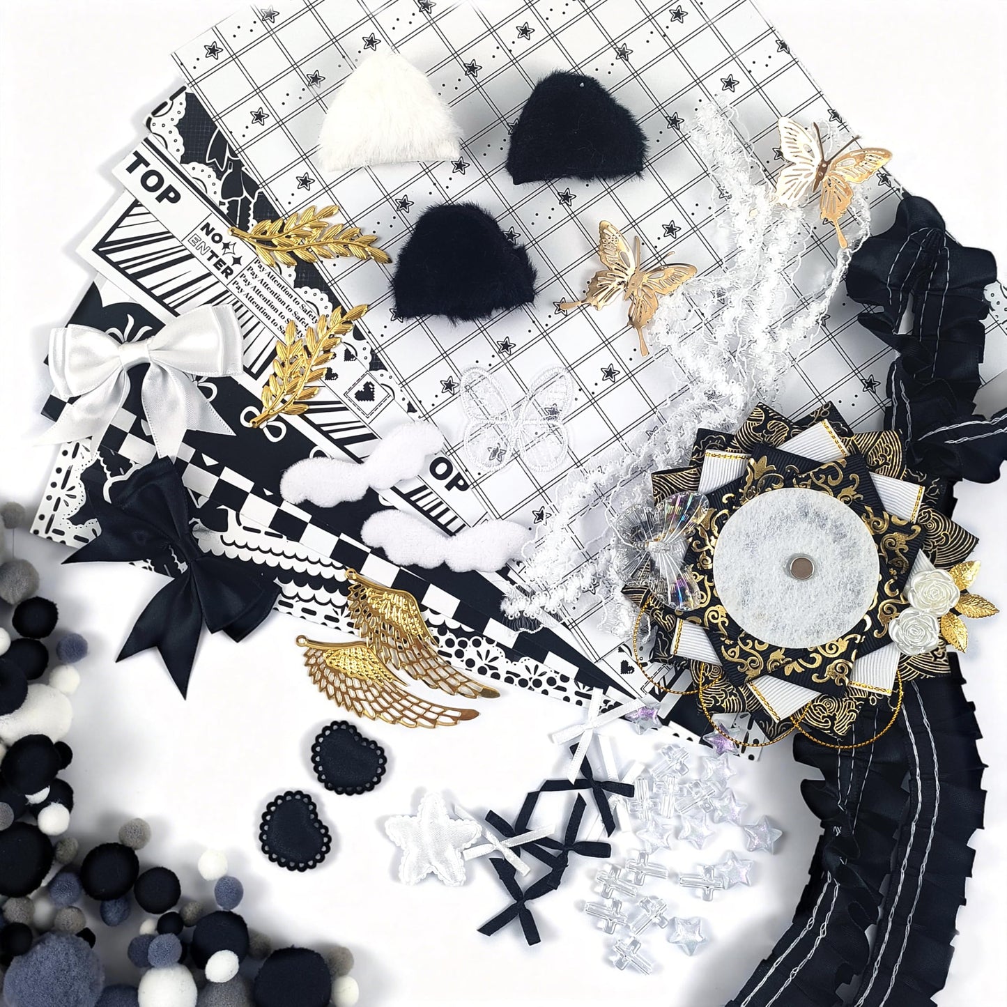 85 Pcs DIY Ita Bag Accessories with Insert Panels,Ribbons,Ita Bag Decor with Bows, Wings, Hearts, Stars, Pom-Pom, Making Supplies for Handicraft Enthusiast, Celebrity Fan, Anime Fan (Black)