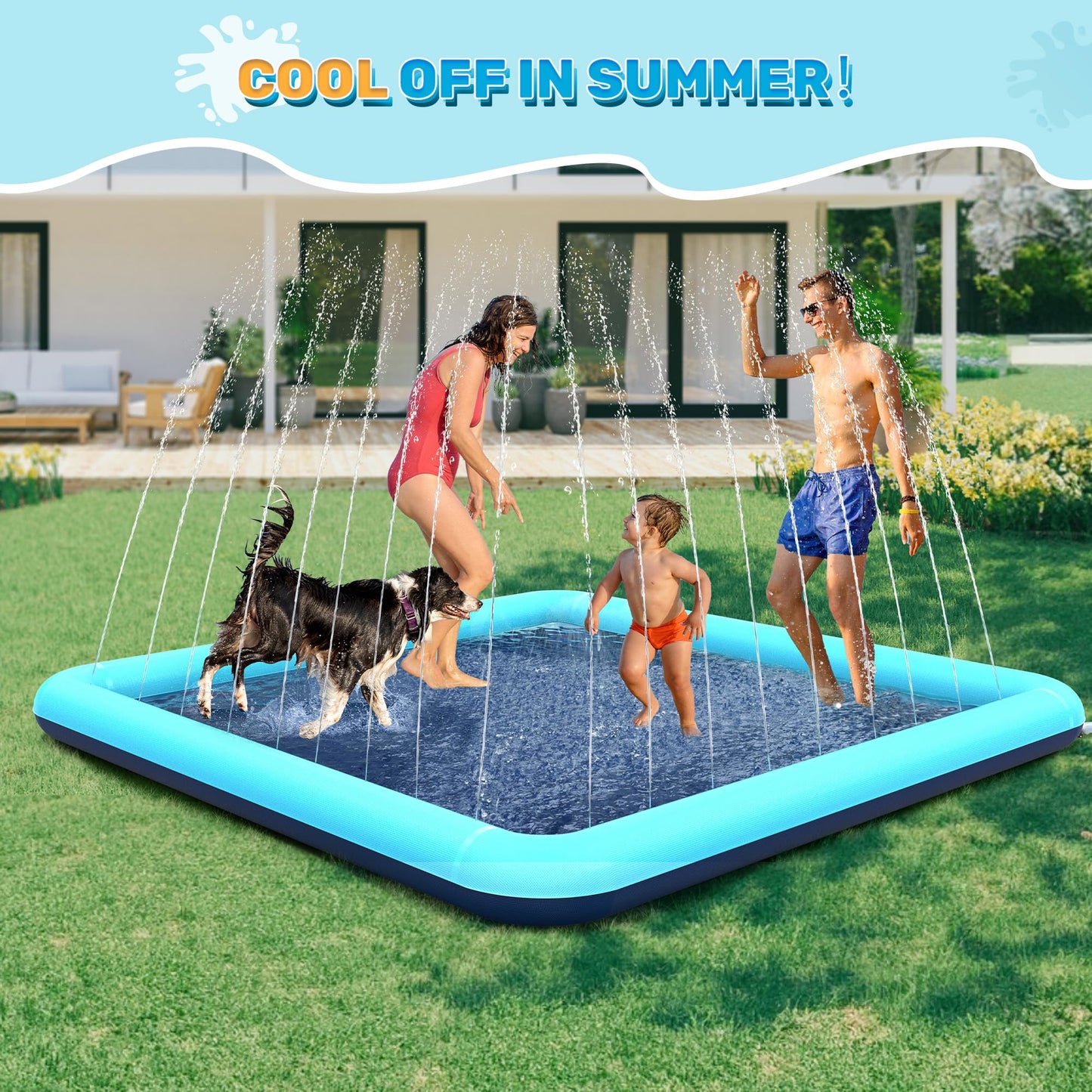Bilibara 127'' Splash Pad for Dogs, Non-Slip Sprinkler for Kids, Square Splash Pad for Kids Ages 4-8, Splash Pads for Toddlers 1-3, Dog Sprinkler Shallow Pool, Outdoor Water Toys for Backyard, Teal