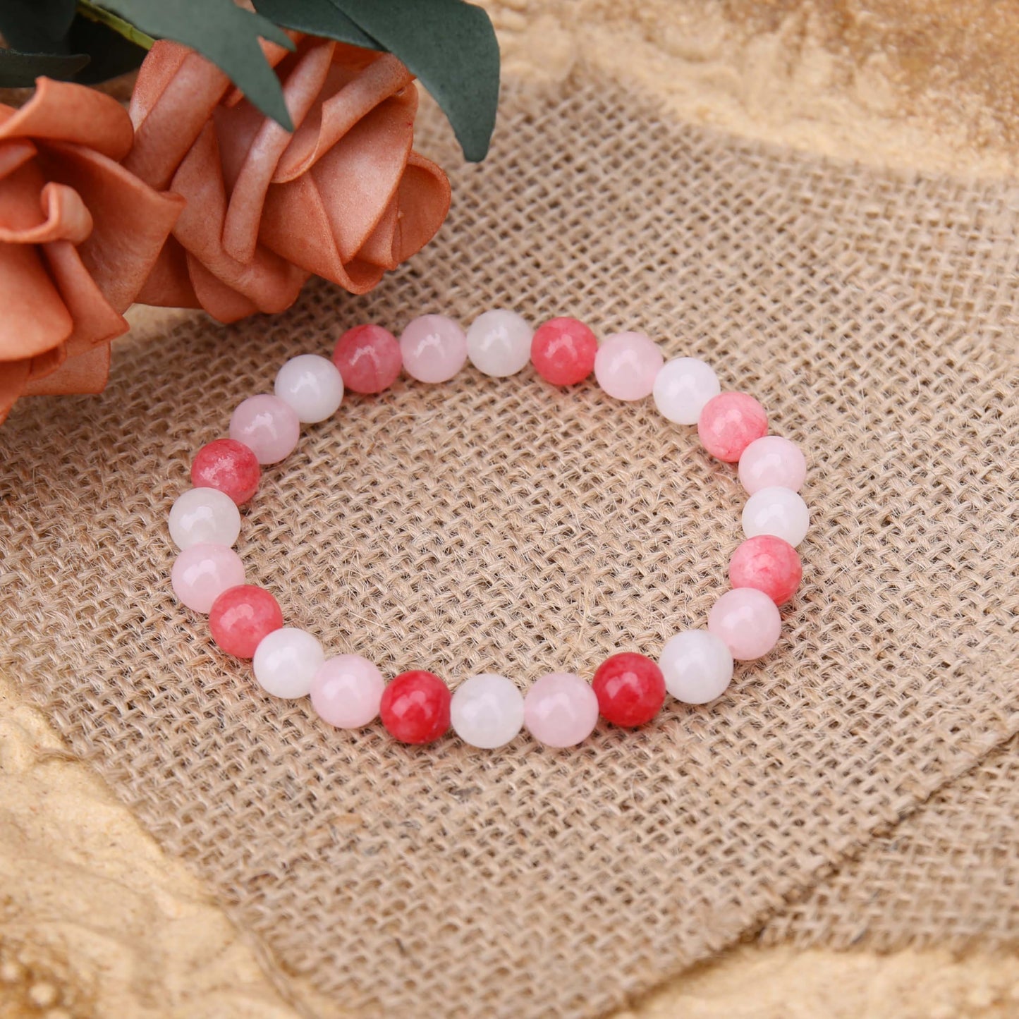 BONNY BOXX Mixed 8mm Natural Stone Bracelet for Love, Handmade Stretch Pink Quartz White Jade Bracelet Adjustable Crystal Healing Jewelry for Unisex Spiritual Gift
