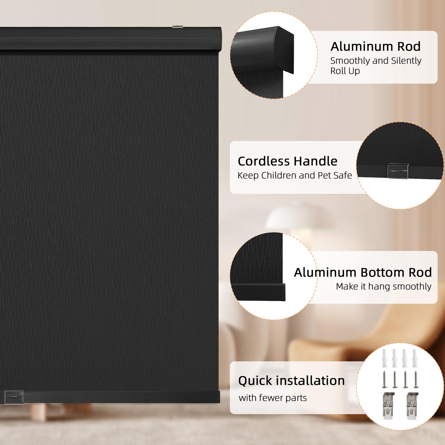 ChrisDowa Cordless Blackout Roller Shades for Windows, Striped Free-Stop Window Blinds with Privacy, Thermal Insulated Window Shades for Home, Office and Door. Black, 20" W x 72" H