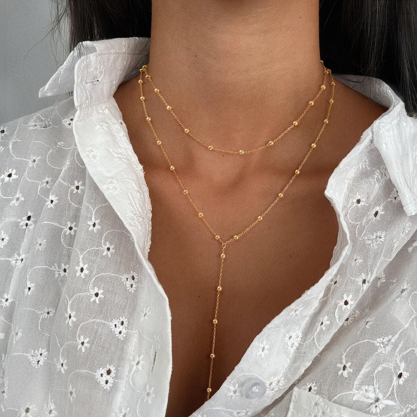 Treasure Bender Lariat Gold Necklace for Women Long 14k Gold Plated Y-Shaped Body Bead Chain Choker Necklace Pendant Charm Layered Necklaces Non Tarnish Trendy Gold Jewelry for Women Summer