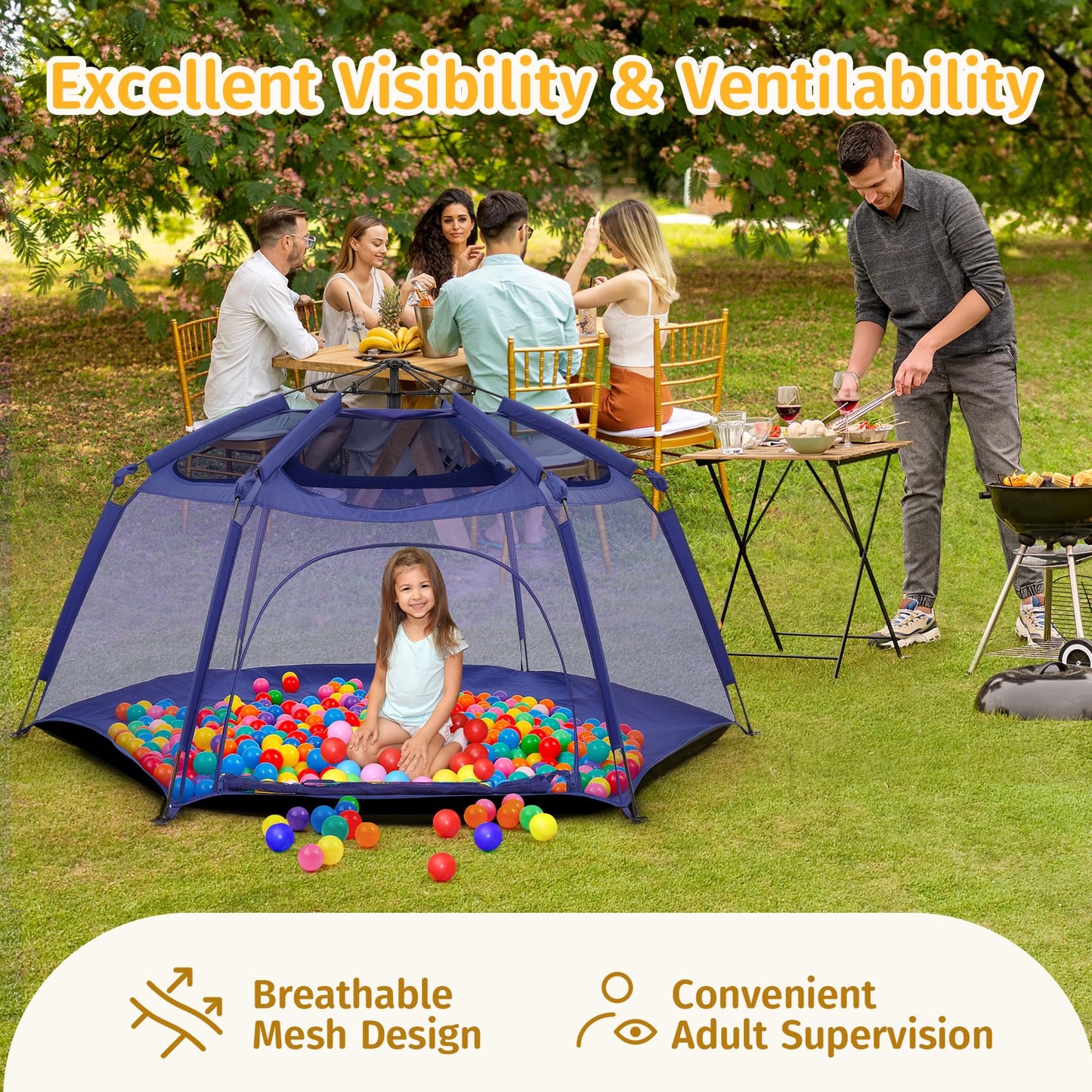 Alvantor® Baby Playpen Pop Up Play Yard 84"x84"x44”Large Kids Play Tent Indoor Outdoor Playhouse Mesh Play Pen, Mosquito Net Playpen Camping Beach Playground for Babies Toddlers Infant, Navy