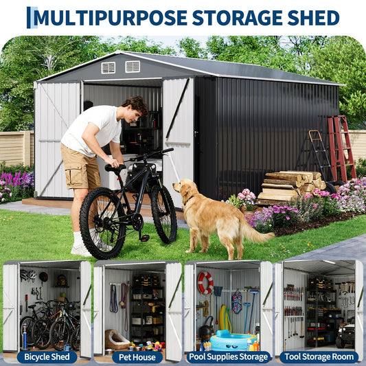 Garvee 10 x 12 ft Outdoor Storage Shed, Heavy-Duty Waterproof Tool Shed Storage with Lockable Door, Vents and Updated Frame Structure, Large Metal Tool Shed for Backyard, Patio Lawn, Grey