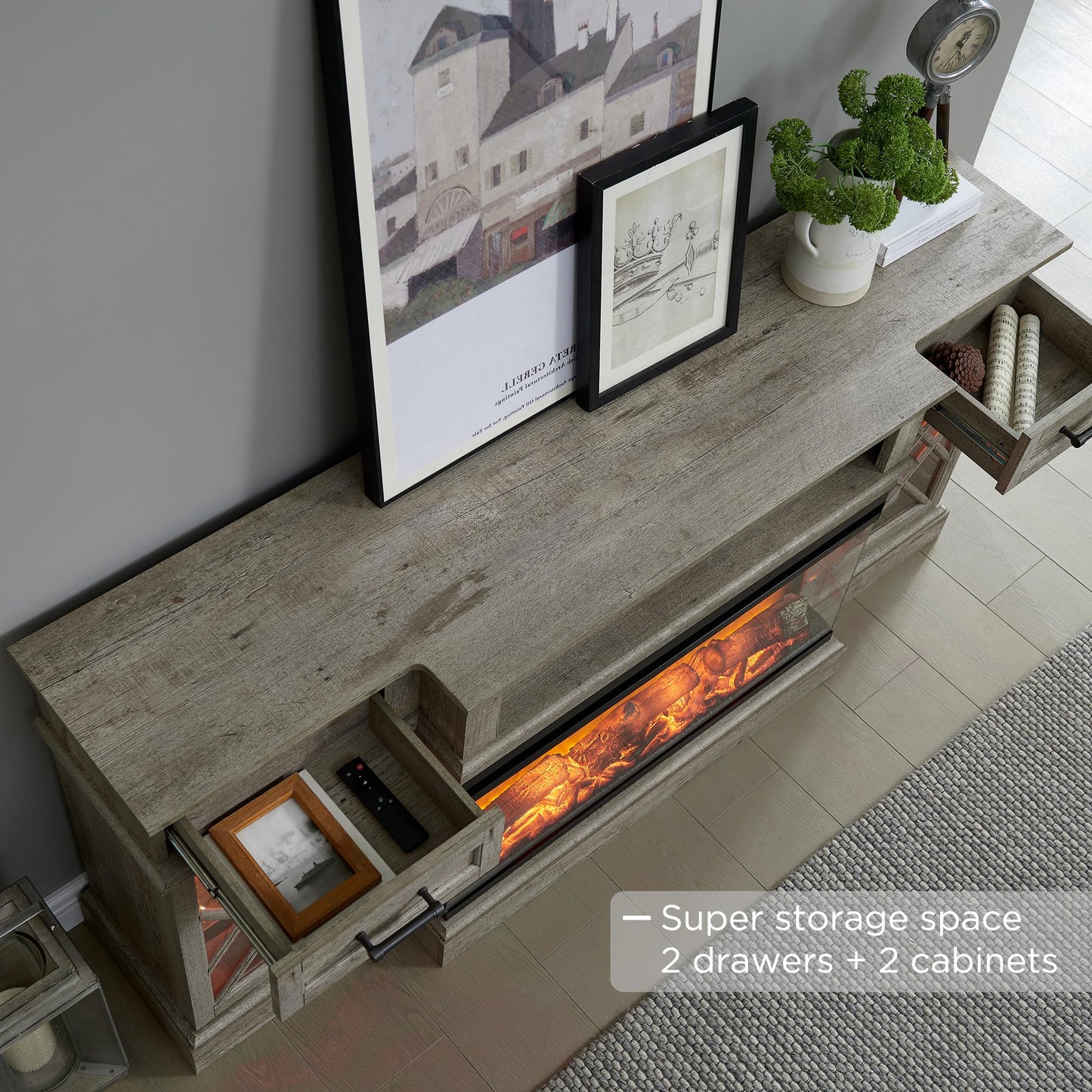 OKD Farmhouse TV Stand with Fireplace, 70'' Entertainment Center Stand with 36" 3-Sided Glass Electric Fireplace for TVs Up to 80 in, with 2 Drawers & 2 Storage Cabinet, Light Rustic Oak