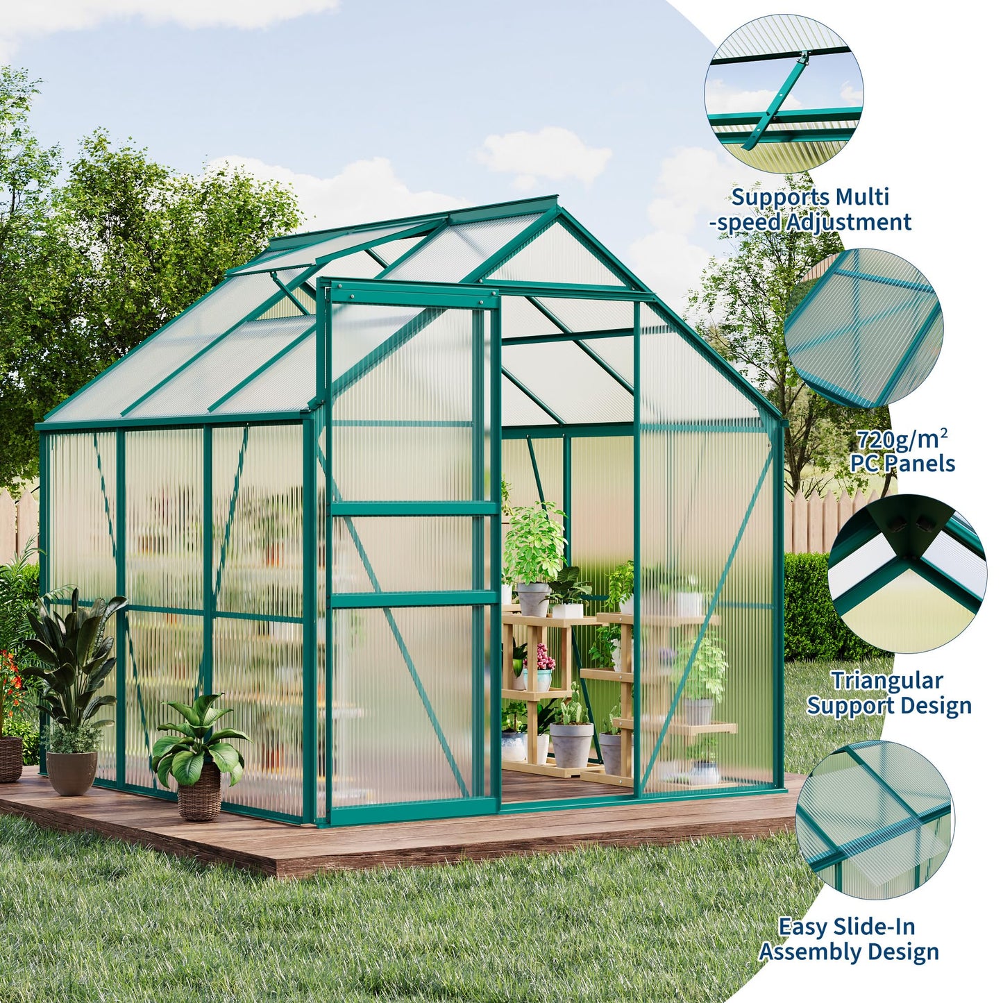 GarveeHome 6 x 6 FT Polycarbonate Greenhouse, Winter Greenhouses for Outdoors with Aluminum Frame, Sliding Door, Adjustable Roof Vent, Backyard Green Houses, Patio Garden, Green
